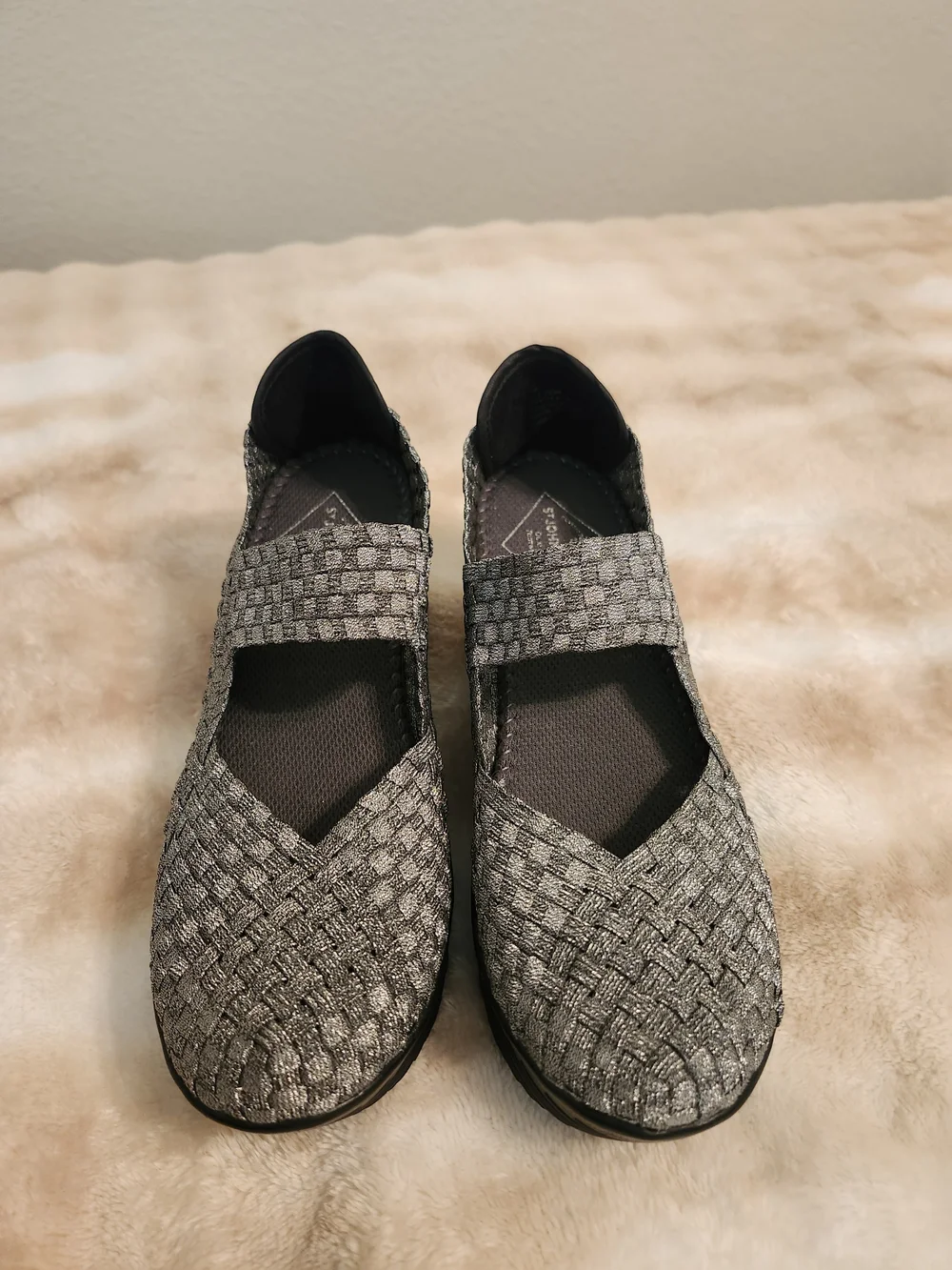 Woven Mary Jane Wedge Shoe in Gray Silver and Black